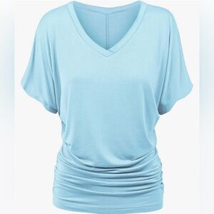 Women's Solid Short Sleeve Boat Neck V Neck Dolman Top with Side Shirring